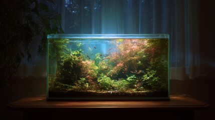 A beautifully lit aquascaped freshwater aquarium teems with vibrant aquatic plants and tropical fish, creating a peaceful natural oasis inside a cozy home interior