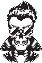 Fototapeta premium Punk Rock Skull silhouette with Spiked Hair and Sunglasses – Vector Illustration in Leather Jacket | Stylized Skull Illustration with Sunglasses and Spikey Hair in Monochrome