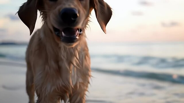 Puppy running along the shoreline at sunse