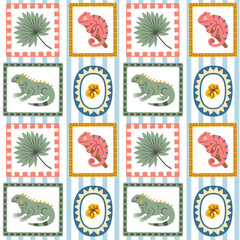 Tropical seamless pattern with iguanas, chameleons, and exotic leaves in colorful folk frames, perfect for kids textiles, wallpapers, and summer jungle themes.