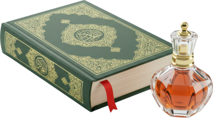 Holy Quran Book with Elegant Perfume Bottle Islamic Culture Religious Spirituality