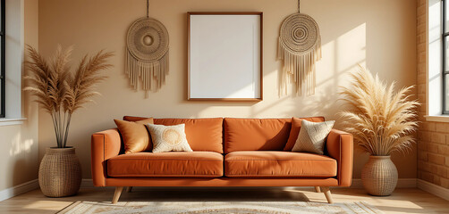 Warm, boho-style living room with a rust velvet couch, textured wall hangings, and an A4 transparent frame mockup on a hanging shelf beside pampas grass.