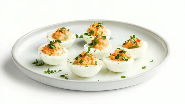 Rotating Plate of Deviled Eggs Garnished with Herbs on White Background