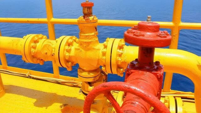 Oil rig valve system overlooking ocean