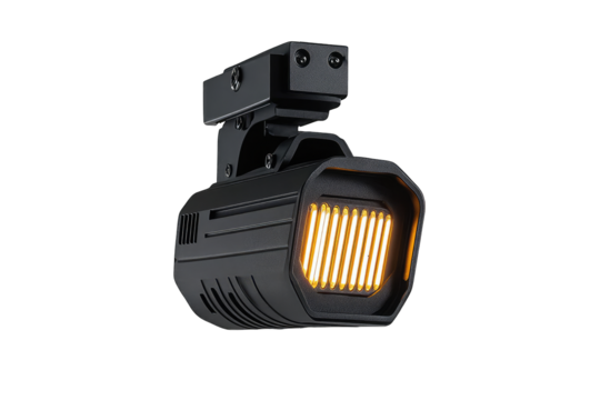 Black, angular spotlight with orange LED array, mounted on a black bracket; industrial design