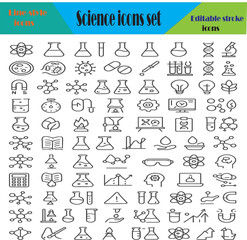 Fototapeta premium Comprehensive Collection of Editable Line Style Science Icons Chemistry, Biology, Physics, and More