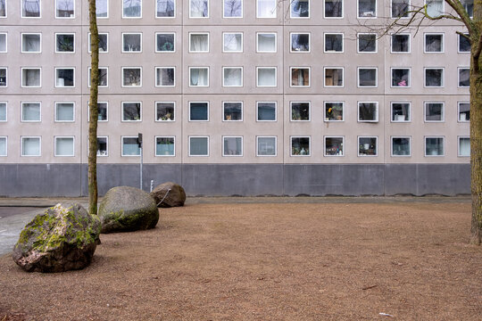 Minimalist urban courtyard with trees and gravel ground, featuring modern building facades and negative space, ideal for architecture, landscape and design stock imagery.