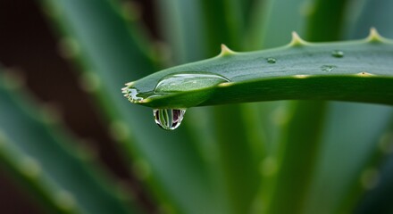 Dewdrop clinging to the tip of a spiky aloe vera leaf in a garden. Stock use