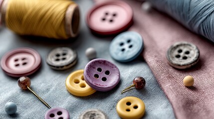 Colorful Sewing Buttons and Tools on Pastel Fabric Background
