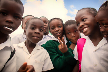 Real photo of happy black African kids in school uniforms, smiling and enjoying a break. A positive image of youth, education, diversity, and community spirit.