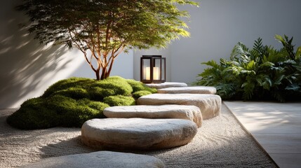 A serene zen garden with moss, stones, and a lantern.