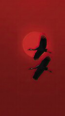 Fototapeta premium Two cranes flying in the sky, red background, circular sun setting behind them