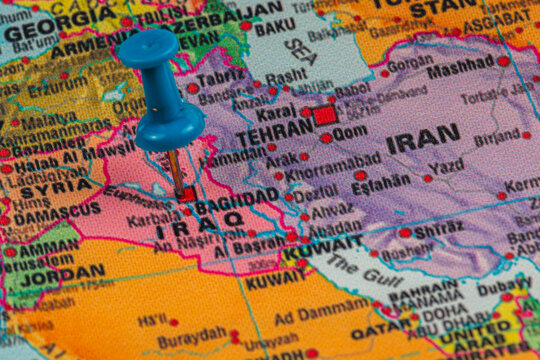 Lviv Ukraine 05.14.25 Map highlighting Iraq with pushpin indicating location