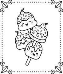Cute kawaii ice cream cartoon line art vector for kids coloring page design