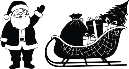 Santa claus joyfully waving with a sleigh full of presents, bringing christmas cheer and holiday magic to winter nights