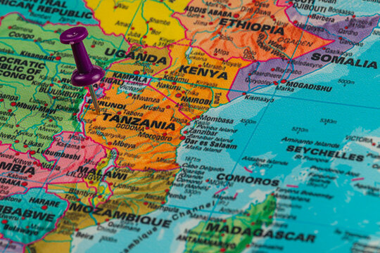 Lviv Ukraine 05.14.25 Location pin marking Tanzania on a colorful map of Africa