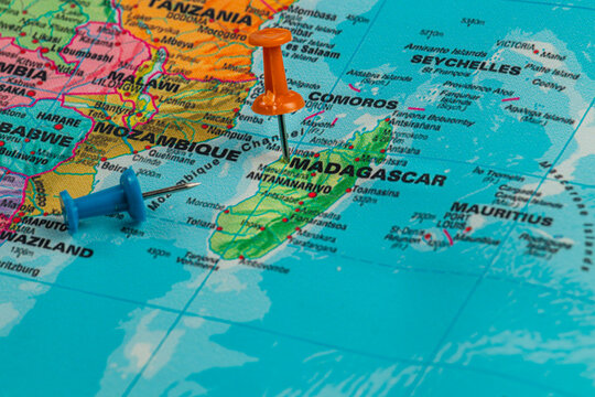 Lviv Ukraine 05.14.25 Map markers for Madagascar and surrounding areas