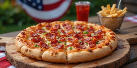 Delicious Pepperoni Pizza with French Fries on a Wooden Board,Patriotic Background
