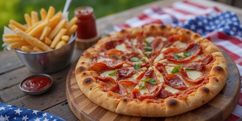 Delicious Pepperoni Pizza with French Fries and Ketchup, Festive Fourth of July Meal