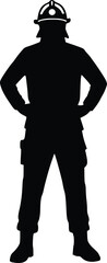 Silhouette of a courageous firefighter in helmet and gear, standing alert and prepared for action and rescue duty