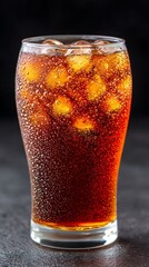 Refreshing cola with ice in glass  cola  ice close-up showing sparkling bubbles in cola 