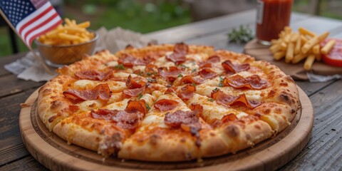 Delicious Pepperoni Pizza on Wooden Board with French Fries and American Flag