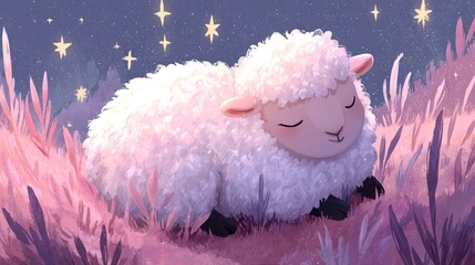 Peaceful Sheep Sleeping on Pastel Grass Under Starry Sky