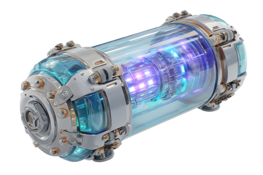 glowing cylindrical  power cell device, energy core in a containment capsule, futuristic design. Illuminated capsules technology scientific innovation glowing lights design.