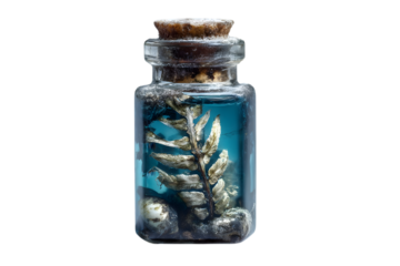 an alien plant specimen sealed in a glass vial with frost and blue liquid, sci-fi inspired. vintage glass vials evoking a nostalgic charm. png cut-out isolated on transparent background.