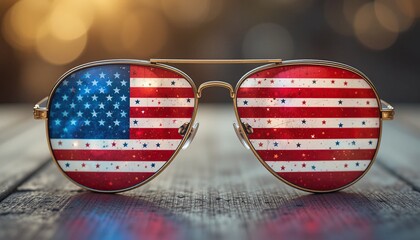 Patriotic Sunglasses Reflecting American Pride on Wooden Surface