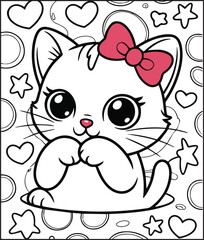 Fototapeta premium Cute cartoon adorable cat wearing bow on doodle background coloring pages for kids, vector outline illustration for children book design