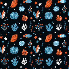 Seamless vector pattern featuring stylized shells, fish and seaweed on a dark underwater background. Perfect for textiles, wallpapers and packaging design with a summery ocean vibe