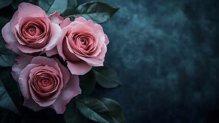 Stunning close up of pink roses with green leaves on a dark teal textured background