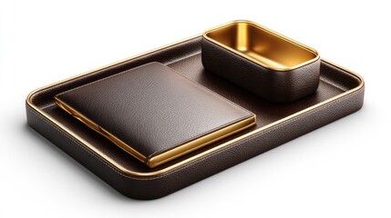 Dark brown leather tray with gold accents and a small bowl.