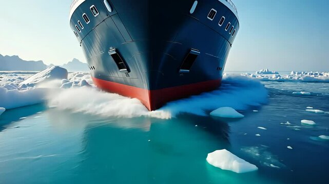 Massive ship steadily breaks through icy waters creating a path