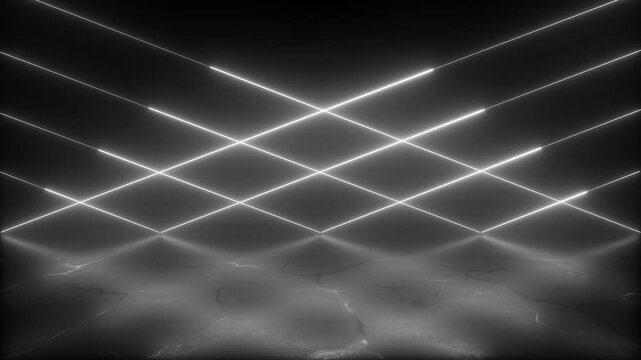 white neon lines crossing each other forming grid patterns with reflecting floor. Motion graphic 4k
