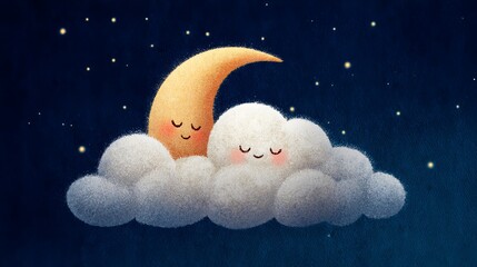 Dreamy Night Sky with Moon Sleeping on Cloud