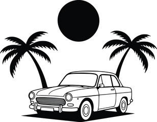 Black and white illustration of a vintage classic car parked under tropical palm trees with a glowing full moon at night