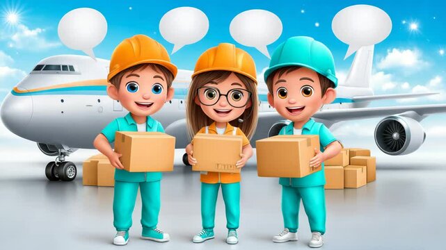 Cheerful workers handling packages at an airport environment.