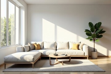 Bright airy living room with clean lines, minimal sofa Natural light enhances cozy feel , decor, minimal