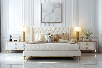 Modern light luxury bedroom with double bed, white leather headboard, beige fabric cushioning, golden metal legs, solid wood frameless bedside table, and gold decorative accents