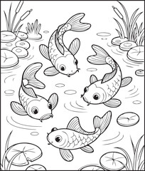 Beautiful koi fishes playing on water vector outline illustration for kids coloring book design