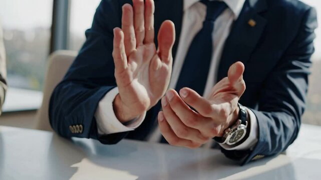 Businessman clapping while discussing at table in modern office