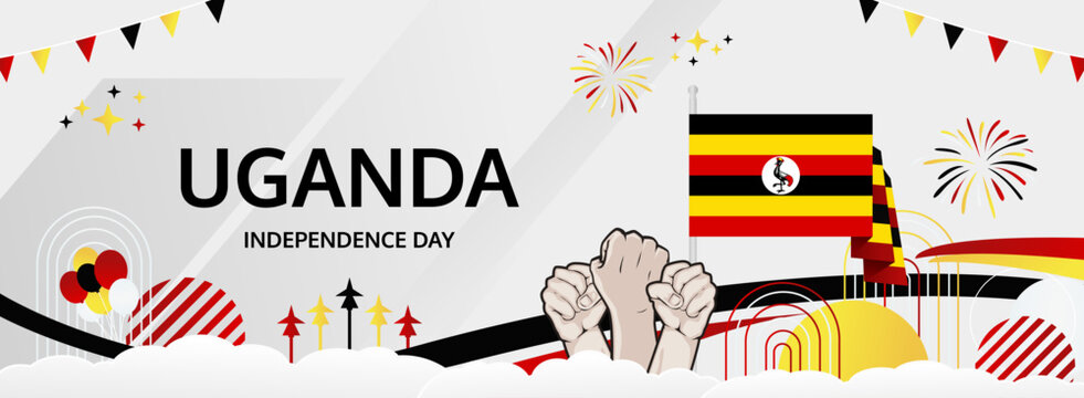 Uganda Independence Day modern greeting banner. 9 October Happy National Day. Festive horizontal background with flag colors, great for carnival poster, tourism campaign, holidays flash sale