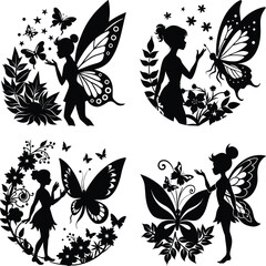 Fairy silhouette collection with butterflies flowers and stars illustration