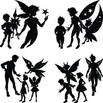 Silhouette illustration of fairies and boys isolated on white background