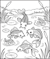 Fototapeta premium Beautiful koi fishes playing on water vector outline illustration for kids coloring book design
