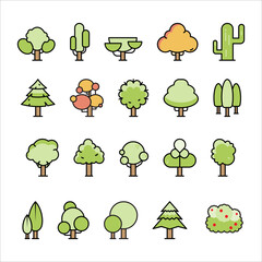 Flat Line Art Tree Type Forest Element Nature Icon Set