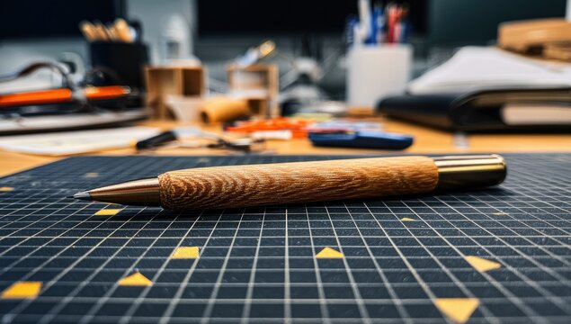 Wooden pen on a cutting mat in a busy workspace
