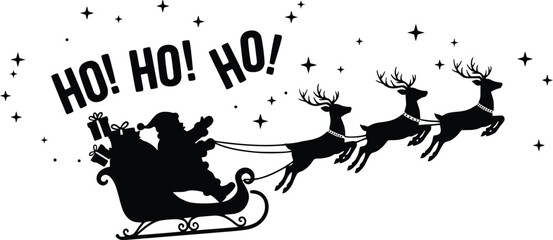 Christmas silhouette of santa claus riding sleigh pulled by reindeer with ho ho ho text and stars